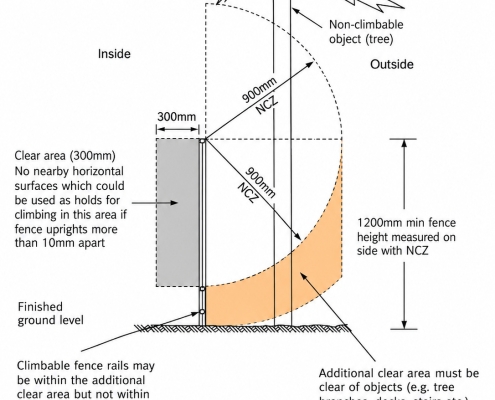 Pool safety diagram showing climbable objects and required clear zones around a 1200mm pool barrier.