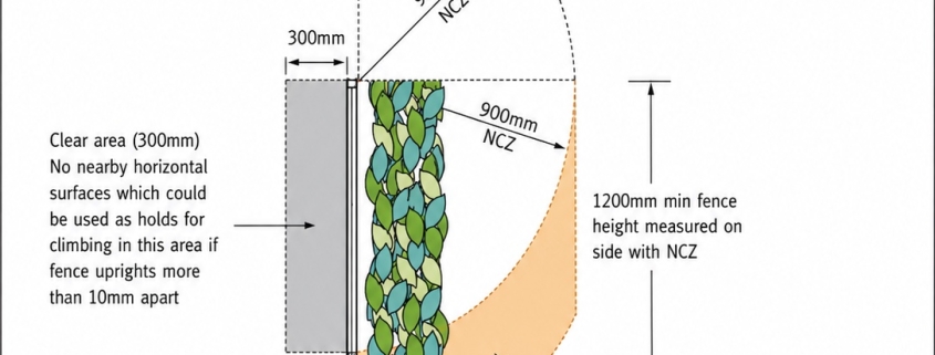 Illustration explaining how the effective 1200mm height of a Queensland pool barrier is assessed.