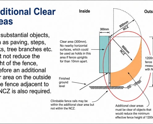Diagram explaining the additional clear area and non-climbable zone around a Queensland swimming pool barrier.