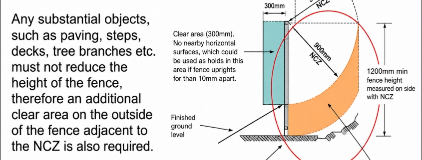 Diagram explaining the additional clear area and non-climbable zone around a Queensland swimming pool barrier.