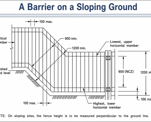 Diagram showing how sloping ground can affect the non-climbable zone around a Queensland swimming pool barrier.