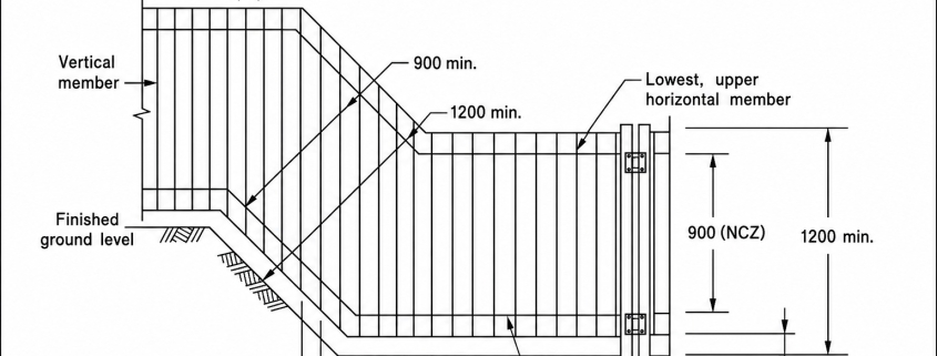 Diagram showing how sloping ground can affect the non-climbable zone around a Queensland swimming pool barrier.