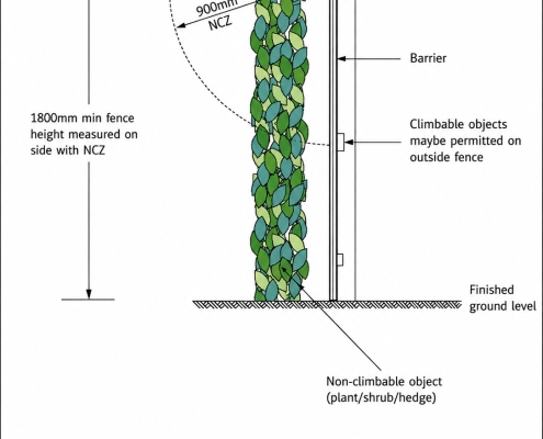 Pool safety diagram showing vegetation and potential climbing hazards near an 1800mm pool barrier.
