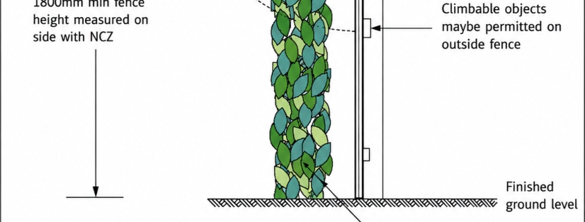 Pool safety diagram showing vegetation and potential climbing hazards near an 1800mm pool barrier.